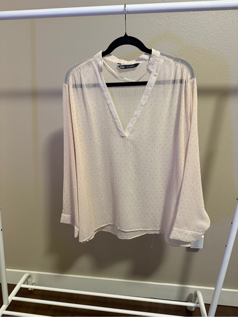 Zara Pale Pink V-Neck Sheer Dot Blouse